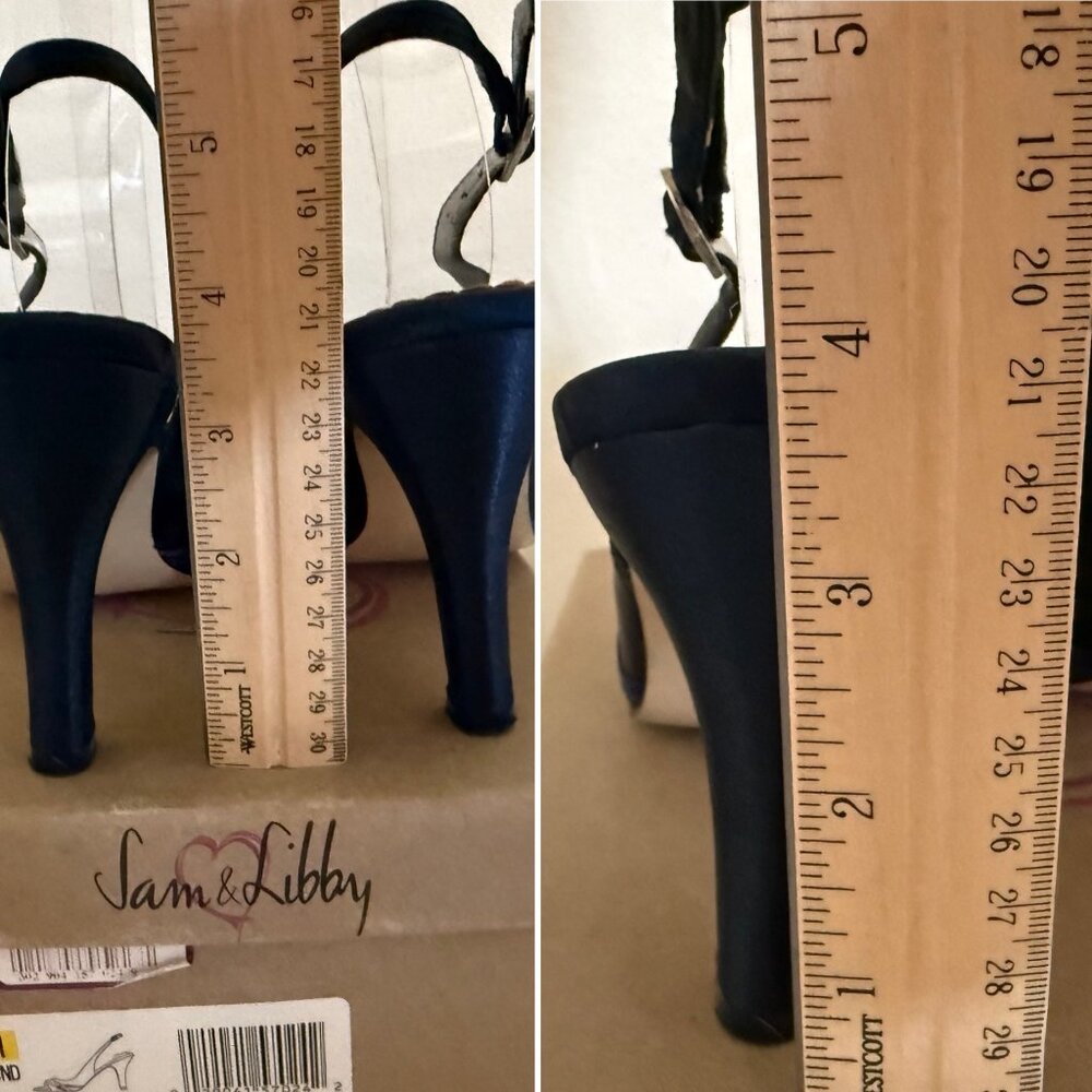 Sam and Libby Heels Size 7 Blue Multi Satin Slingback Open Toe Pumps Y2K - Picture 4 of 9